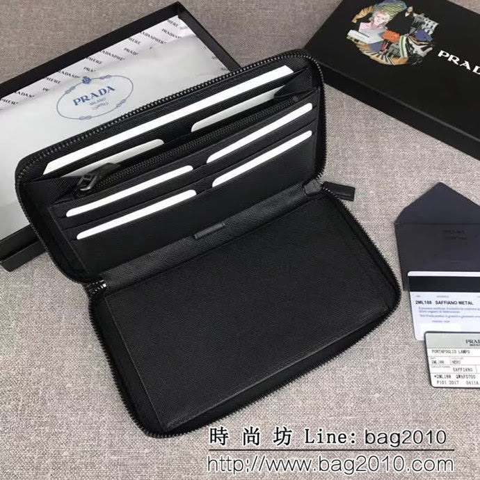 PRADA普拉達 專櫃最新爆款 十字紋牛皮 男士大號單拉鏈錢包 2ML188 DD1880